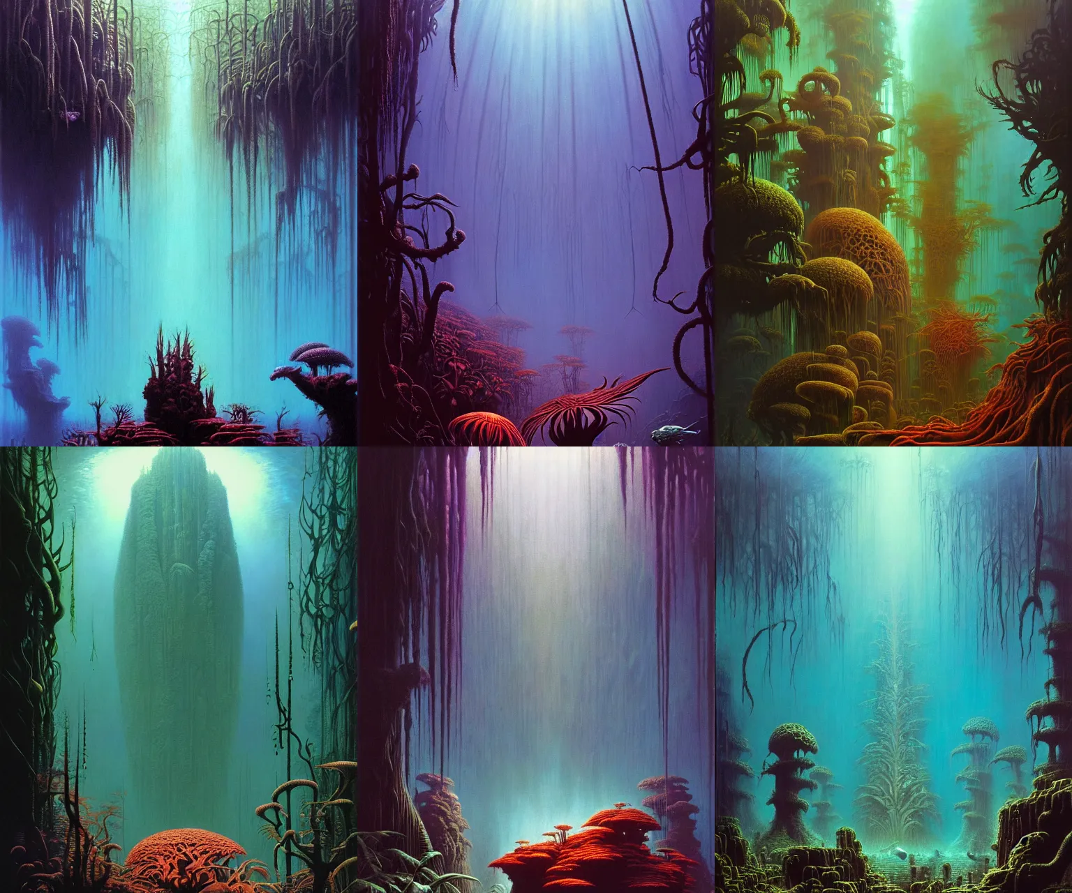 Prompt: a cinematic masterpiece painting of gothic exotic alien underwater forest jungle, by Wayne Barlowe, by Tim Hildebrandt, by Bruce Pennington, by Zdzisław Beksiński, by Paul Lehr, oil on canvas, masterpiece, trending on artstation, featured on pixiv, cinematic composition, beautiful lighting, sharp, details, details, details, hyper-detailed, no frames, HD, HDR, 4K, 8K