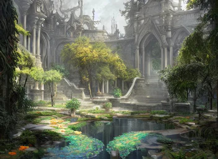 Prompt: a wide open courtyard in a beautiful elven city made of ivory and silver, vivid colors, lush trees, flowers, ponds, fountain, subsurface scattering, volumetric lighting, low angle shot, concept art, fantasy digital painting by James Gurney, by Greg Rutkowski, trending on Artstation, highly detailed