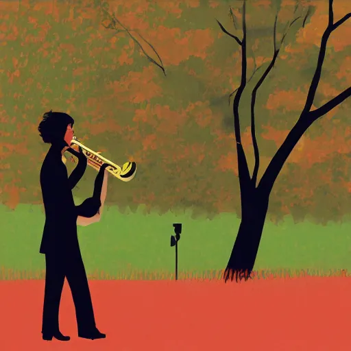 Prompt: crying saxophone player in a park by tatsuro kiuchi