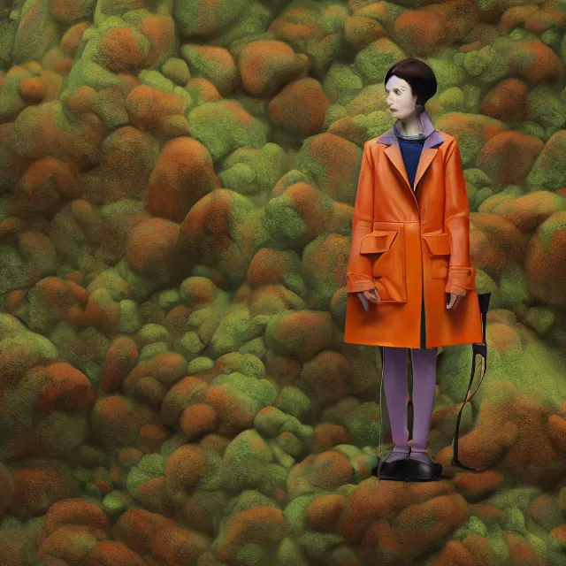 Image similar to portrait of alone androgynous girl wearing long orange vintage leather coat and wearing giant modular synthesizer 8 0 s sony stereo helmet and backpack. bakelite cliffs, moss green japanese forest background, ultrafine hyperdetailed illustration by hsiao - ron cheng and artgerm, the grand budapest hotel, glow, no crop, digital art, artstation, pop art