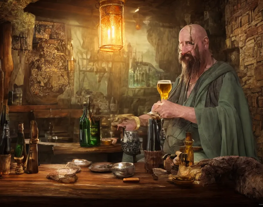 Image similar to old sage wizard drink beer from wooden cup in fantasy tavern, beautiful texture, beautiful graphics, fantasy artwork, very beautiful scenery, hd, hdr, ue 5, ue 6, unreal engine 5, cinematic 4 k wallpaper, 8 k, ultra detailed