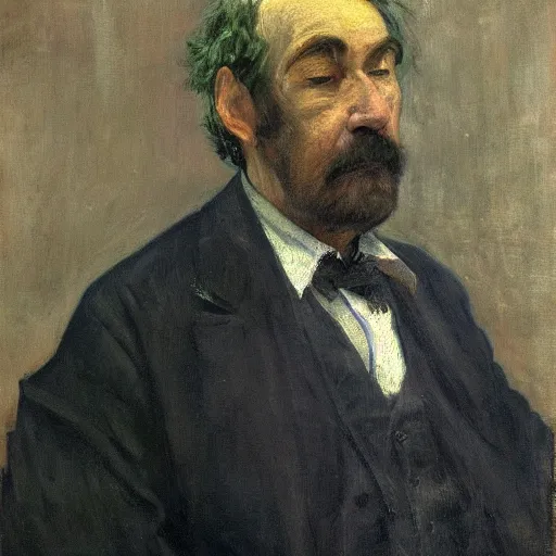 Image similar to detailing character concept portrait of old man by James McNeill Whistler, on simple background, oil painting, middle close up composition