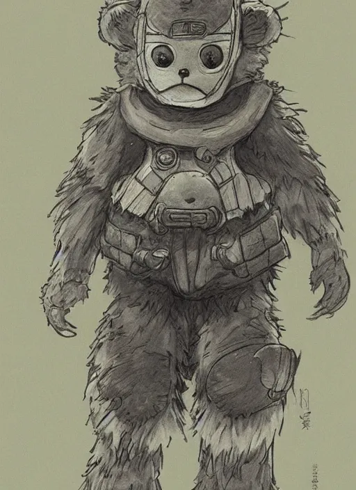 Image similar to beautiful little boy wearing an cyborg bear suit, artwork in kentaro miura and made in abyss and rosdraws, smooth, beautiful lightness, anatomically correct, trending on pixiv, forest