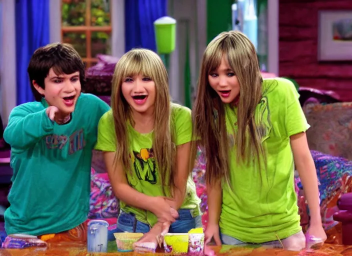 Image similar to the episode of Hannah Montana where everyone gets covered with nickelodeon slime hd