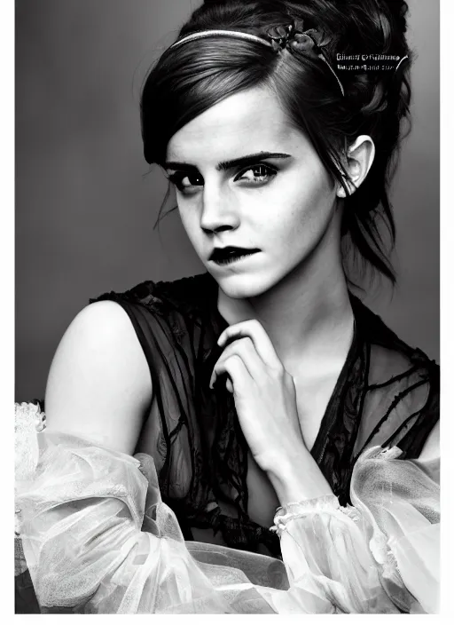 Image similar to Emma Watson for Victorian Secret as dark goth, perfect face, full length shot, XF IQ4, 150MP, 50mm, f/1.4, ISO 200, 1/160s, natural light, Adobe Photoshop, Adobe Lightroom, DxO Photolab, Corel PaintShop Pro, rule of thirds, symmetrical balance, depth layering, polarizing filter, Sense of Depth, AI enhanced