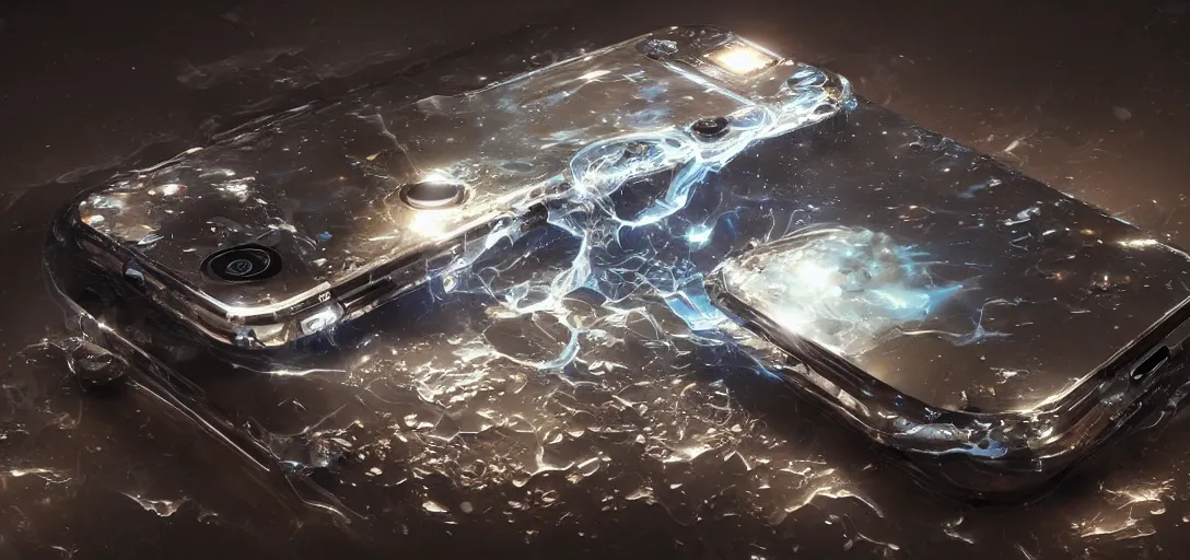 Prompt: wide angle shot of an iphone melted with a diamond, hd, volumetric lighting, 4 k, intricate detail, by jesper ejsing, craig mullins