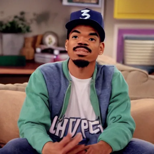 Image similar to a tv still of Chance The Rapper starring as a college student in a 1998 sitcom, 40mm lens