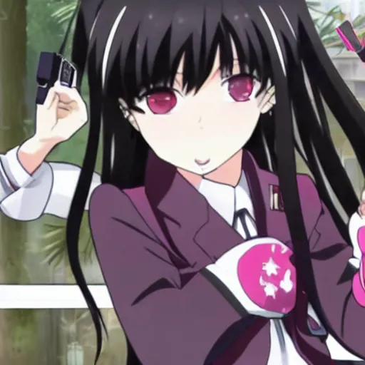 Image similar to a manga glock 1 9 commercial featuring homura from madoka magic girl anime