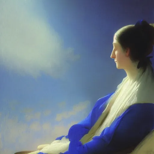 Image similar to a young woman's face, her hair is white and she wears a cobalt blue satin cloak, by ivan aivazovsky and syd mead and moebius and gaston bussiere and roger dean and pieter claesz and paul delaroche and alma tadema and aelbert cuyp and willem claesz, hyperrealistic, volumetric light, octane render