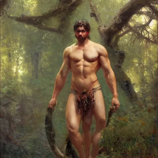 Image similar to young god of the forest with a muscular body type, painting by Gaston Bussiere, Craig Mullins