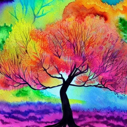 Prompt: a painting of a tree with many colors, a watercolor painting by sarah louisa kilpack, shutterstock contest winner, psychedelic art, watercolor, whimsical, vibrant colors