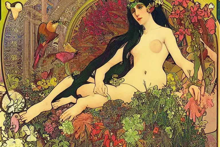 Image similar to “the goddess BABALON laying on her side; surrounded by exotic jungle flowers and parrots. In the art style of Alphonse mucha and rutkowski.”