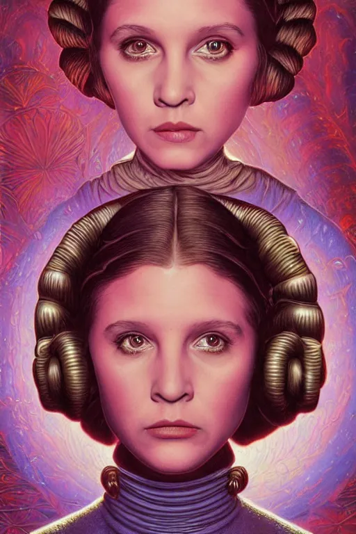 Image similar to highly detailed portrait of young princess leia organa by alex grey, patrick woodroffe, mark ryden created by gustave dore and greg rutkowski, high detailed, smooth draw, synthwave neon retro, intricate, realistic proportions, dramatic lighting, trending on artstation