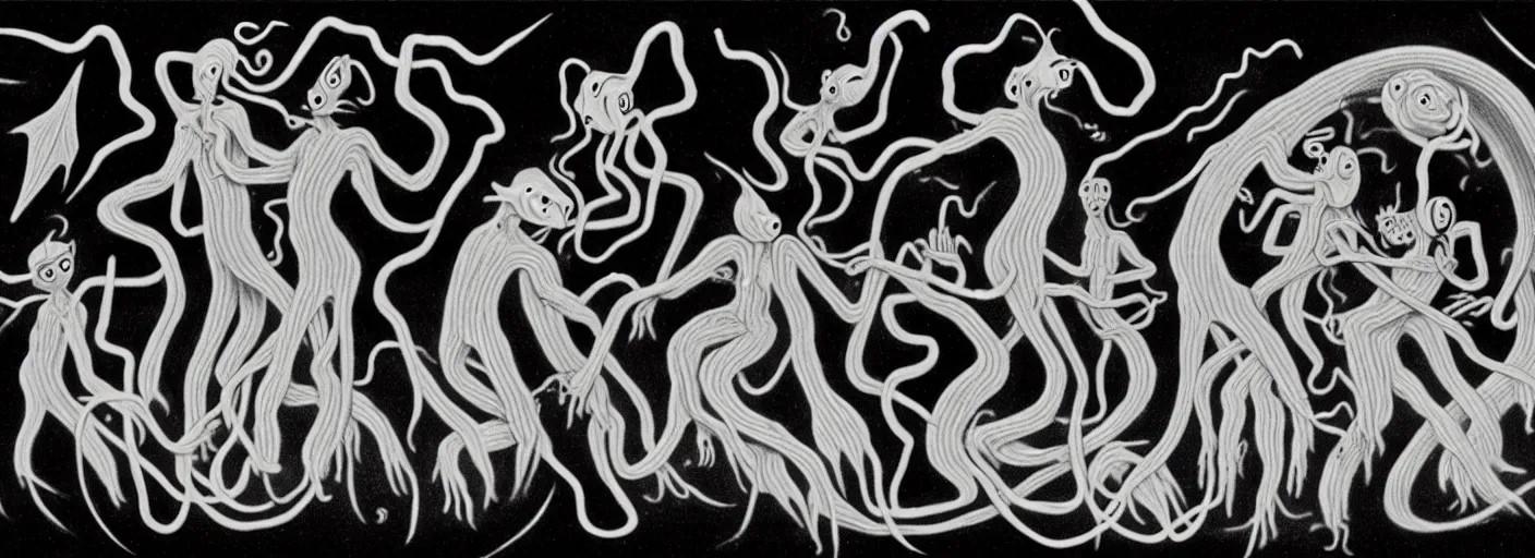 Image similar to whimsical uncanny creatures with flagella shaped like yin yangs from the depths of the collective unconscious, dramatic lighting, surreal dark 3 0 s cartoons