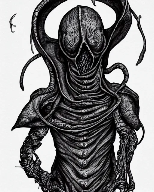 Prompt: illithid straitjacket!! black ink on paper, trending on artstation, beautiful, intricate, detailed