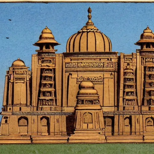 Prompt: hyperdetailed oriental city, tall indian temples, in the style of a 1 9 th century illustration