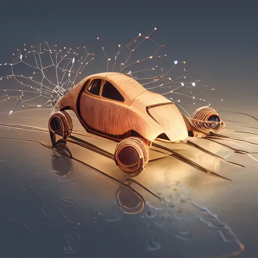 Image similar to tiny wooden flying car, plankton, floating, rbc, radiolaria, protophyta, micro - organisms, center frame, symmetric, rim light, marine microbiology, bioluminescence, electric, soft, concept art, intricate details, highly detailed, colorful, photorealistic, disney pixar, octane render, iridescent, anime, 8 k