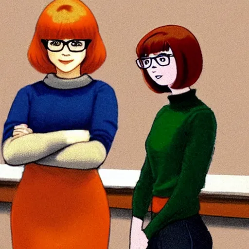 Image similar to Stunning Scene of Velma Dinkley wearing her iconic orange sweater from Scooby Doo in court for falsely accusing someone of being a criminal by Greg Rutkowski. Velma is a teenage female, with chin-length auburn hair and freckles. She is somewhat obscured by her fashion choices, wearing a baggy, thick turtlenecked orange sweater, with a red skirt, knee length orange socks and black Mary Jane shoes. Soft render, Pixiv, artstation