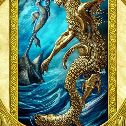 Image similar to poseidon on seahorses, tarot card, ornate, ultradetailed, digital art, irina french, heraldo ortega, mandy jurgens, golden ratio, art canvas, award winning, masterpiece trending on artstation 8 k 1 5 0 mpx