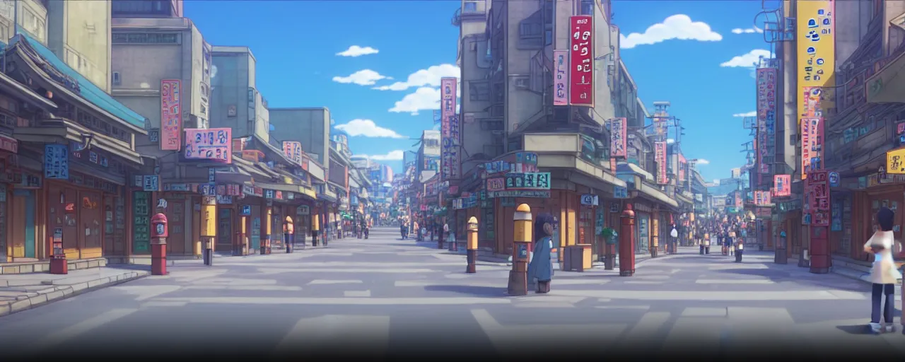 Image similar to A screenshot of the seoul city street in the scene in the Ghibli anime film, pretty rim highlights and specular