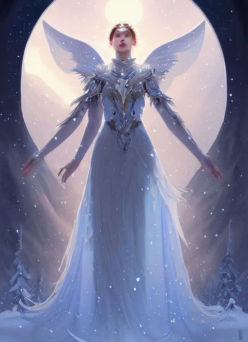 Image similar to a beautiful cinematic female winter goddess, cristal dress, ice wing, galatic shamen with quantum energy fantasy, fantasy magic, undercut hairstyle, dark light night, intricate, elegant, sharp focus, illustration, highly detailed, digital painting, concept art, matte, art by wlop and artgerm and greg rutkowski and alphonse mucha, masterpiece