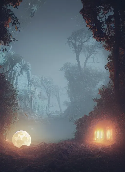 Image similar to dusky secret gateway on a spooky biome, foggs, full moon, behance, artstation, unreal render, unreal engine 5, octane, smooth, 8k