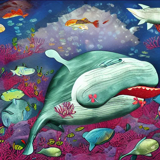 Image similar to mermain bring eaten be a whale, digital art