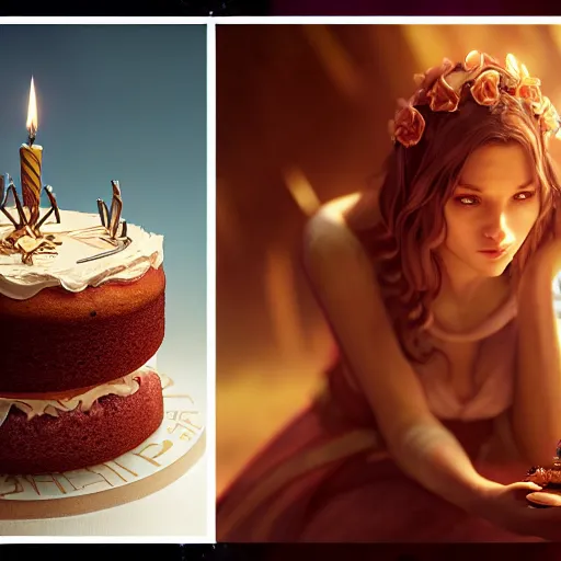 Prompt: cinematic screenshot of a delicious looking birthday cake ; crisp sharp focus ; ultra realistic, concept art, intricate details, food photography, highly detailed, photorealistic, octane render, 8 k, unreal engine. art by artgerm and greg rutkowski and charlie bowater and magali villeneuve and alphonse mucha