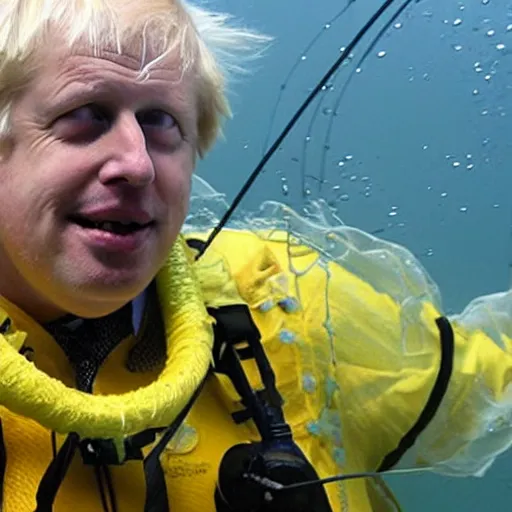 Image similar to Boris Johnson underwater, tangled in a fishing net