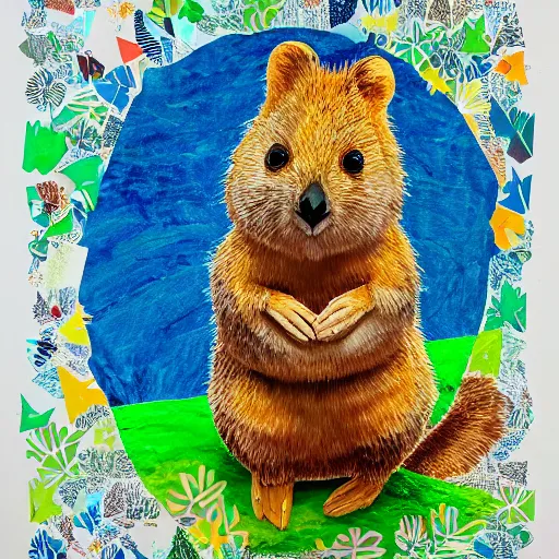 Prompt: detailed illustration, a portrait of a happy quokka on rotttnest island constructed from colored paper, collage, may gibbs, layered composition, layers, texture, textured, layered, sculpted, dynamic, 🦋,