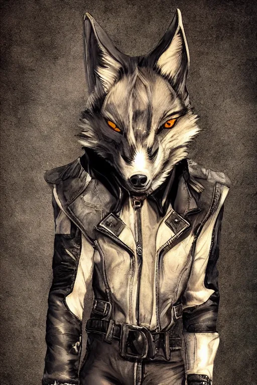 Image similar to A wolf with a small head wearing a leather jacket and leather jeans and leather gloves, trending on FurAffinity, energetic, dynamic, digital art, highly detailed, FurAffinity, high quality, digital fantasy art, FurAffinity, favorite, character art