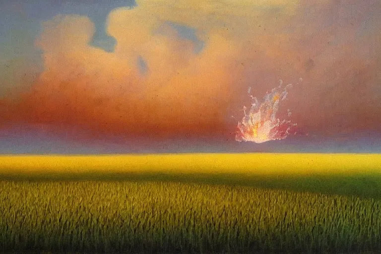 Prompt: wheat field and a nuclear explosion in the background, painting in style of Aleksey Savrasov,