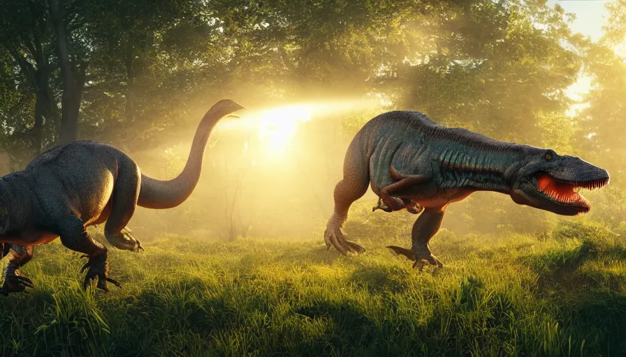 Image similar to hyper realistic highly detailed nature photography of a trex, tyrannosaurus rex, prehistoric planet, volumetric lighting, octane render, 4 k resolution, golden hour