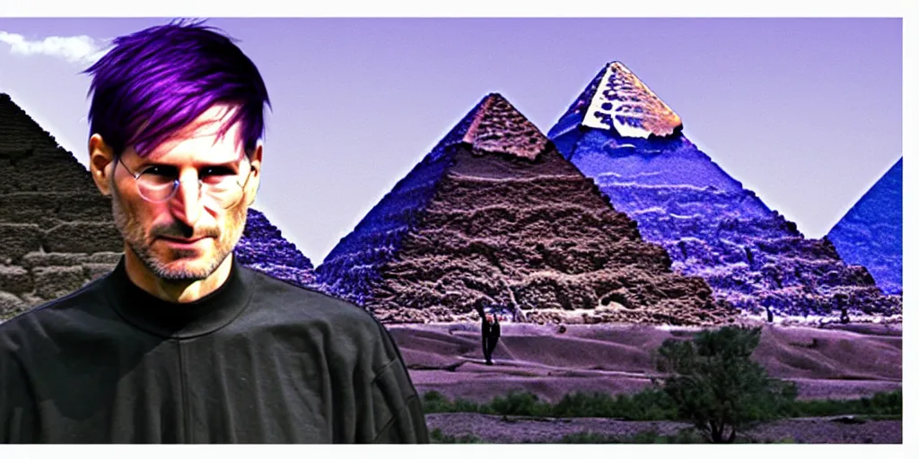 Image similar to landscape, steve jobs and a boy with purple hair in front of the pyramids, hyperrealism, intricate, 8 k, high detail