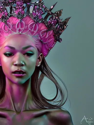 Prompt: pink portrait of beautiful female angel queen Zendaya head wearing shiny pink crown, subtle purple accents, hyper details, black metal rococo, sculpted by Alex Alice, Craig Mullins, yoji shinkawa, trending on artstation, beautifully lit, Peter mohrbacher, hyper detailed, insane details, intricate, elite, elegant, luxury, ray of light through smoke, CGsociety, hypermaximalist, golden ratio, volumetric, octane render, weta digital, micro details, 3d sculpture