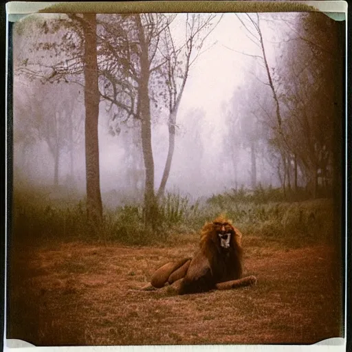Prompt: lion barbarian muscular on a village, Cinematic focus, Polaroid photo, vintage, neutral colors, soft lights, foggy, by Steve Hanks, by Serov Valentin, by lisa yuskavage, by Andrei Tarkovsky