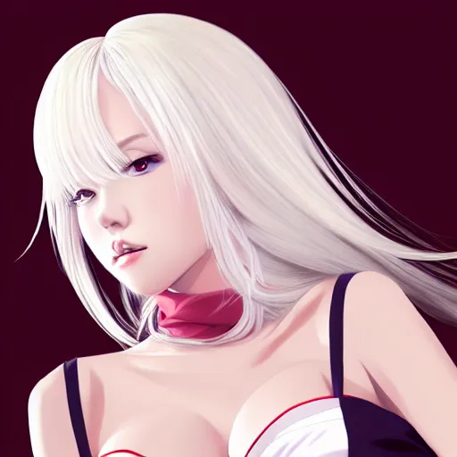 Image similar to Ann Takamaki, platinum blonde hair, anime, elegant, 2d, ultra highly detailed, digital painting, smooth, sharp focus, artstation, pixiv, art by Ina Wong, art by Ilya Kuvshinov