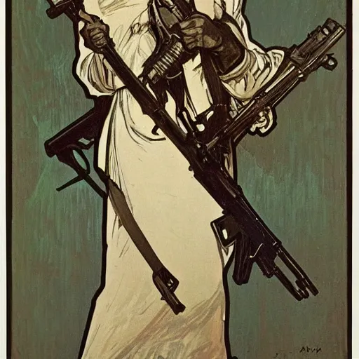 Image similar to portrait of John Brown holding a rifle, lithograph by Alphonse Mucha