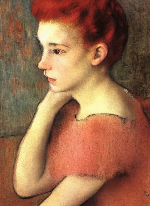 Prompt: portrait of a lovely! young woman!! 19th century haircut! red hair! looking at us! slight smile! natural light, by Edgar Degas