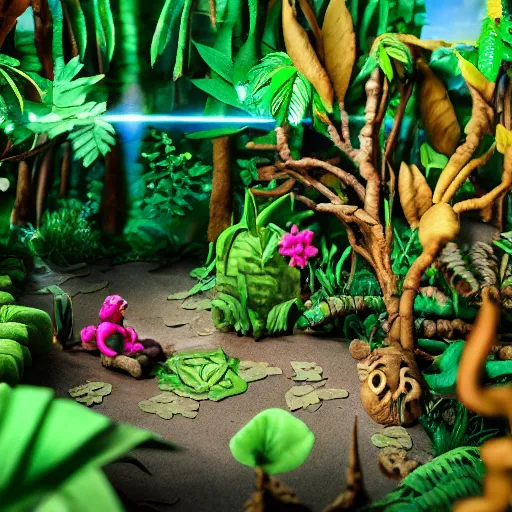 Image similar to A claymation scene of highly detailed hyper real Jungle, vines, trees, birds, flowers, dappled light, lens flare, “Stegosaurus made of plasticine”