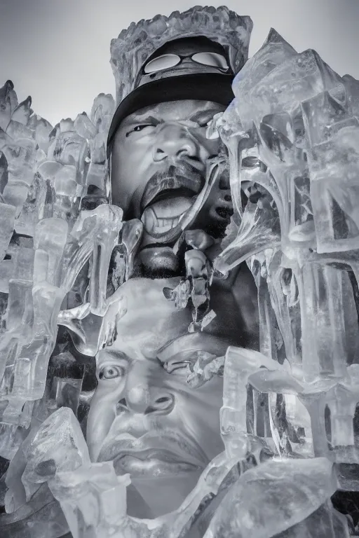 Image similar to dramatic photo, the rapper'ice cube'carving a full body ice sculpture of rapper'ice cube'at harbin ice festival, wide angle photo, award winning, artgerm, wlop, james gurney, trending on artstation