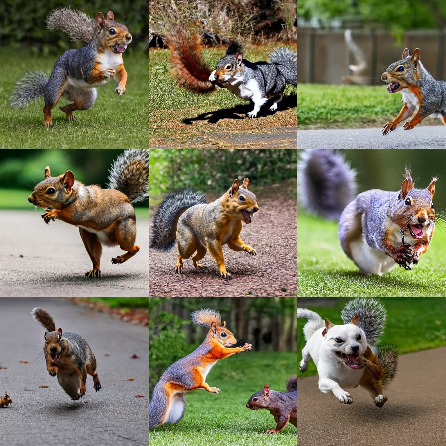 Prompt: an angry dog running after a squirrel who is trying to flee, intricate