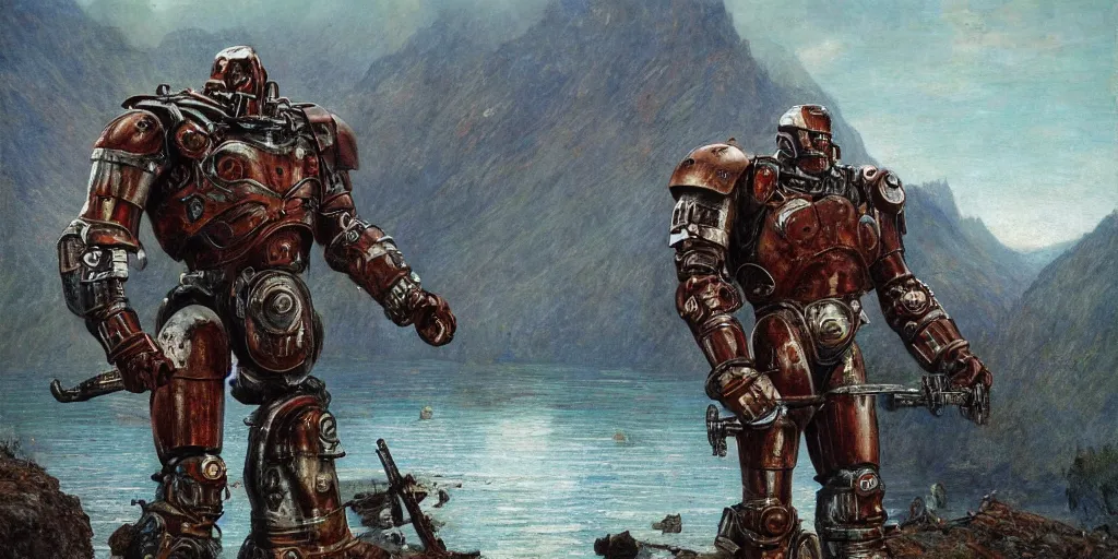 Prompt: full body rusty steel single titan colossus terminator T-800 in pacing through hills, crossing the river, mountain valley to smoking fortress, with armour, artillery, muscular torso, fine art, cinematic, artstation, matte painting, masterpiece by vasnetsov and surikov, JEAN-VICTOR BERTIN