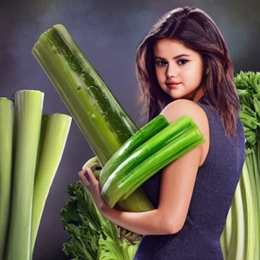 Image similar to selena gomez as celery, celery body, celery mutant