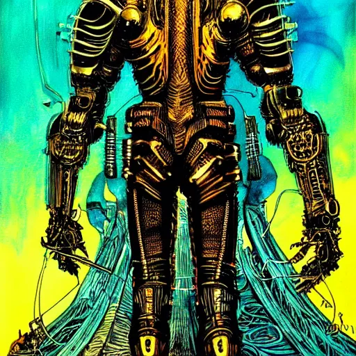 Prompt: cyberpunk knight, upper body, atmospheric lighting, painted, intricate, golden hour, ultra detailed by philippe druillet