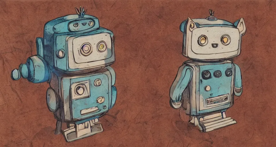 Image similar to a cute retro robot cat. alcohol inks on parchment, muted colors, detailed, textured parchment background, 1 9 5 0 s concept art
