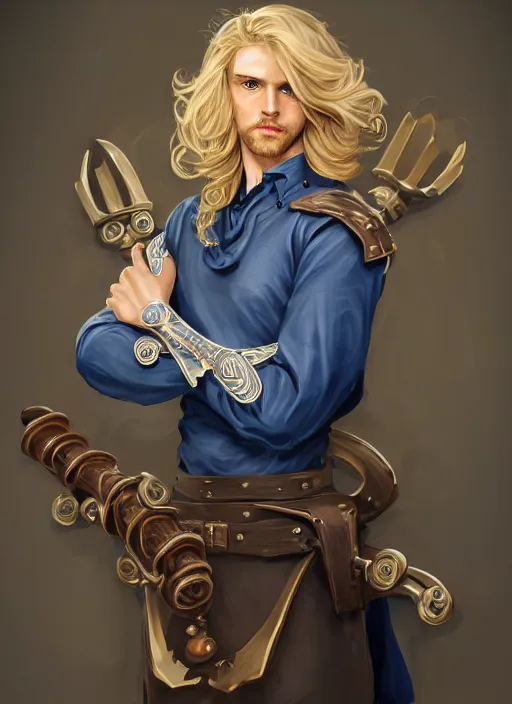 Image similar to a highly detailed illustration of long wavy bright blonde haired effeminate boy wearing blue blacksmith apron and iron mechanical arms, lanky body, blue eyes, dramatic smiling pose, perfect face, symmetrical eyes, intricate, elegant, highly detailed, centered, digital painting, artstation, concept art, smooth, sharp focus, league of legends concept art, wlop