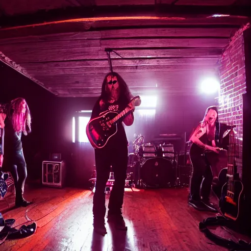 Image similar to a heavy metal band playing live music on stage in a tiny pub in England, empty room, dark concert lighting, center angle, close shot, professional photograph