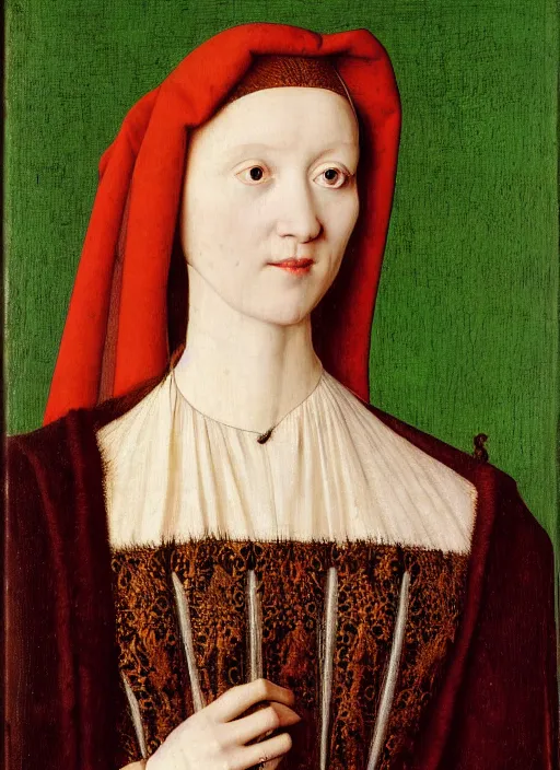 Image similar to half - length portrait of young woman in medieval dress, art by jan van eyck,