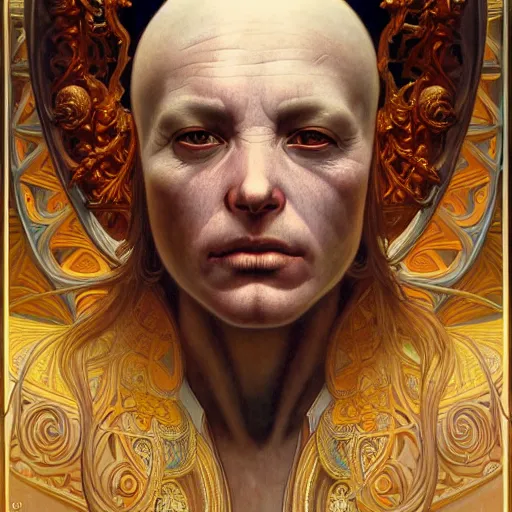 Image similar to portrait painting of robed figure, ultra realistic, concept art, intricate details, ornate, highly detailed, photorealistic, photorealism, octane render. art by wayne barlowe and alphonse mucha and james jean